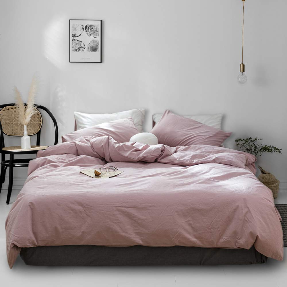 VM VOUGEMARKET Blush Pink Bedding Set King Washed Cotton Duvet Cover Set with Zipper Closure,3 Pieces Modern Simple Linen Comforter Cover Set for Girls Bedroon Decor-King,Pink
