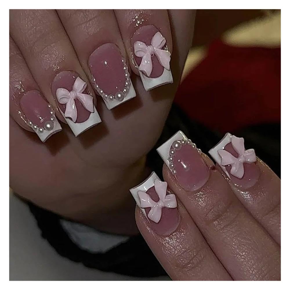 24Pcs French Stereo Bear Bow Pearl Press On Nails Fake Nails DIY Manicure(Y6)