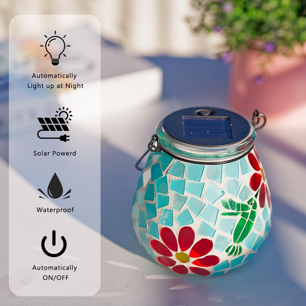 Mosaic Solar Lantern Jar Glass Solar Lanterns Outdoor Waterproof Hanging Solar Lantern with Hummingbird Flowers Colorful Solar Powered Lantern Mosaic Blue Solar Lights Lamp for Yard Garden