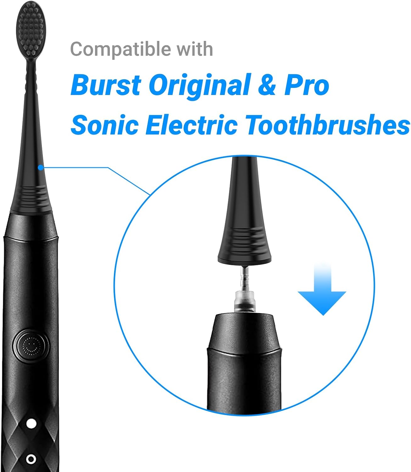 Replacement Brush Heads for Burst Original & Pro Sonic Electic Toothbrushes, 5 Count with Travel Covers, Black for Adults