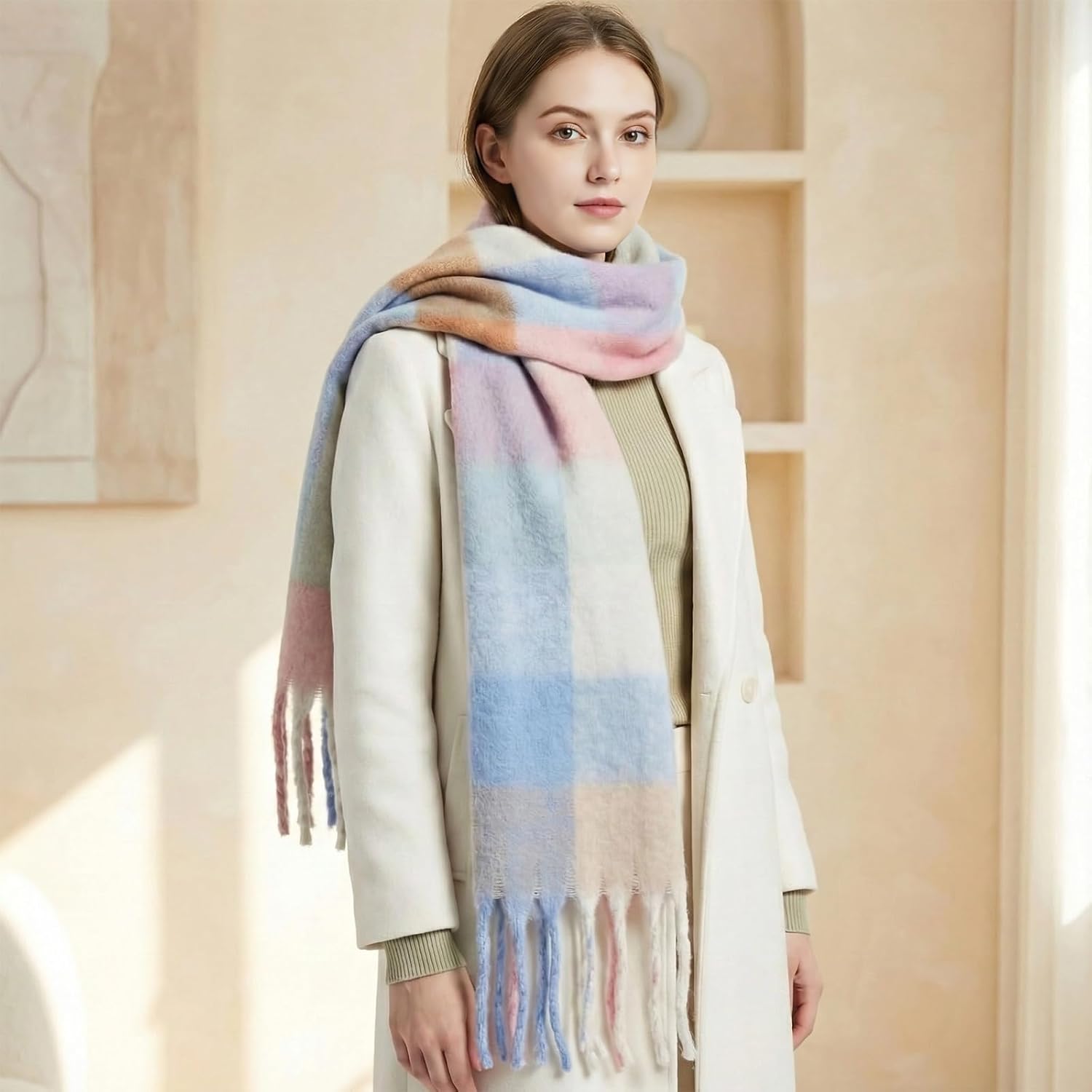 Large Chunky Plaid Scarf Coloured Checked Oversized Scarf Tassel Soft Fall Winter Thick Warm Shawl Women - Image 6