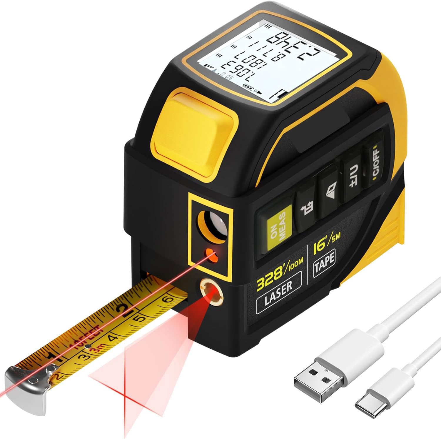 Cinta métrica láser, 2 en 1, medidor de distancia láser digital con pantalla LCD y dispositivo de autobloqueo, herramienta de medición láser recargable de 40 m y cinta métrica de 5 m,