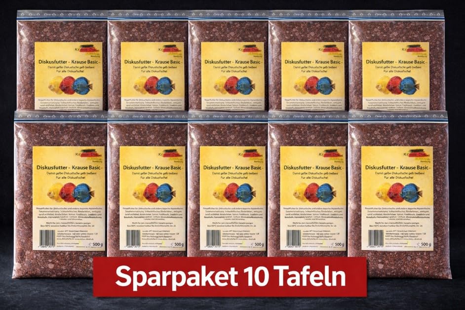 Frostfutter Sparpaket - 10 x Krause Diskusfutter Basic 500g Flachtafel | Frost Futter damit gelbe Diskusfische gelb bleiben | Proteinreiches Rinderherz | erhält die gelbe Färbung von Diskus Fischen