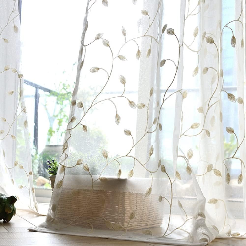 Linen Sheer Curtains Window Treatments Rod Pocket for Living Room Bedroom Leaf American Rustic Towel Embroidery (2 Panels, W 100 x L 84 inch, Green)