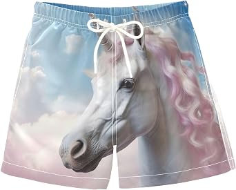 Boys Swim Trunks with Boxer Brief Liner, Quick-Dry Swimwear for Toddler & Kids, Sky Horse Beach Shorts357