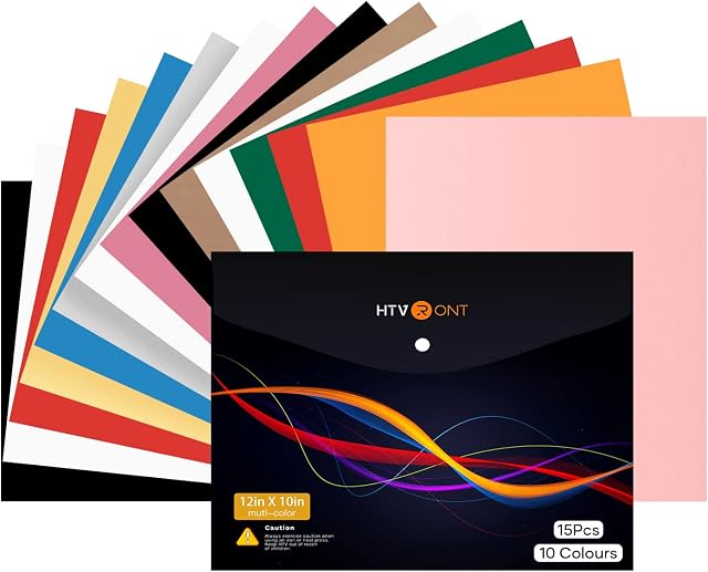 HTVRONT Heat Transfer Vinyl - 12" x 10" 15 Sheets HTV VinylPU 10 Assorted Colours with One Teflon Sheet Iron On Vinyl for T-Shirts & Fabrics