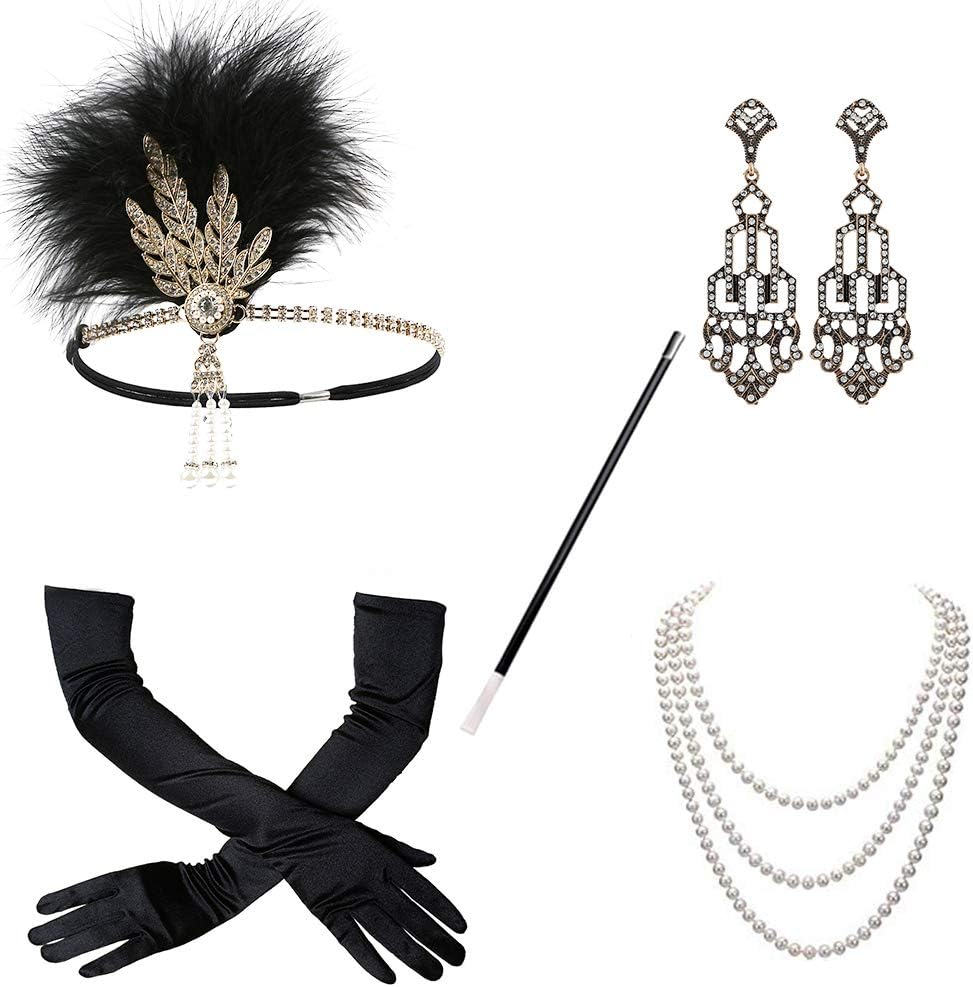 1920s Flapper Great Gatsby Costume Accessories Set, 20s Feather Headpiece Cigarette Holder Necklace Gloves