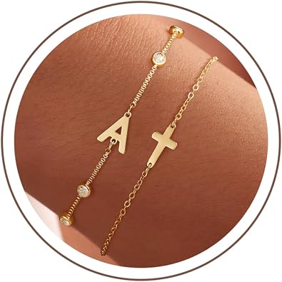 Initial Cross Bracelet for Women - Dainty Gold Bracelets for Women Initial Bracelet Cute Cubic Zirconia Box Chain Letter Cross Bracelets for Teen Girl Gifts Baptism Christian Gifts for Women