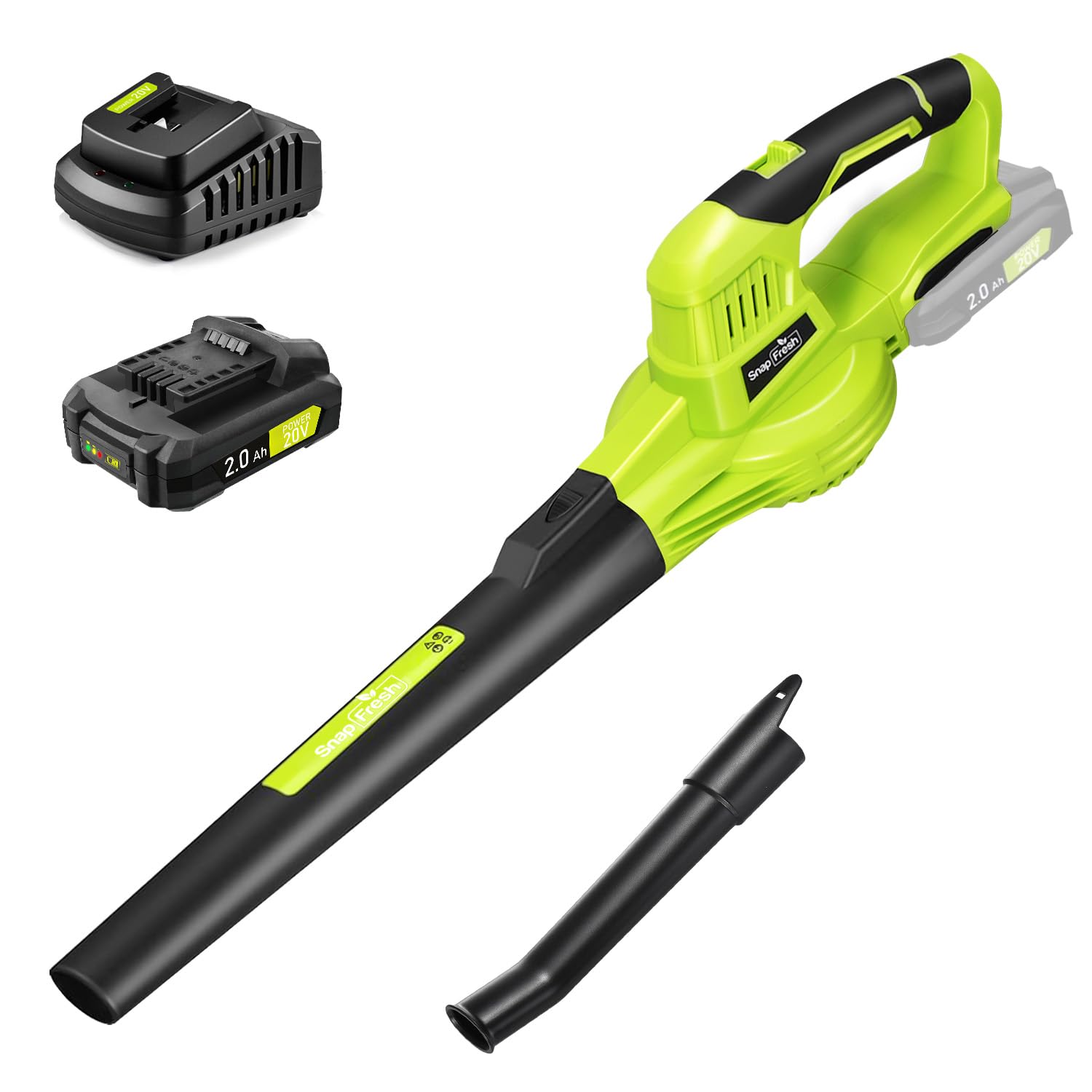SnapFresh Laubbläser Akku-Laubbläser Kabelloser 20V 210 km/h 240m³/h / 2-Luftgeschwindigkeit/mit Akku und Ladegerät/Leicht Kompakte 1,2kg für Garten Hof Rasenpflege (Grün)