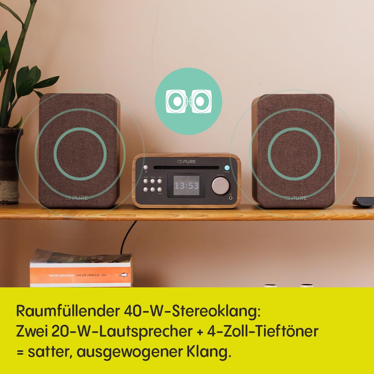 Pure Classic Stereo Mini Mikro HiFi Anlage mit CD-Player DAB+ Radio Bluetooth 5.3 USB AUX Kopfhöreranschluss Fernbedienung 40 W Stereo Holzoptik – Kaffeebraun/Walnuss