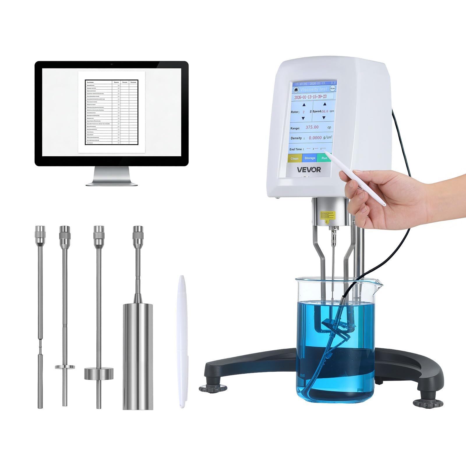 VEVOR Viscosímetro rotativo digital, 10-6,000,000 mPa.s(cP), ± 1% de precisión, medidor de viscosidad rotacional digital de 100-240 V con 4 rotores y sonda de temperatura, pantalla táctil