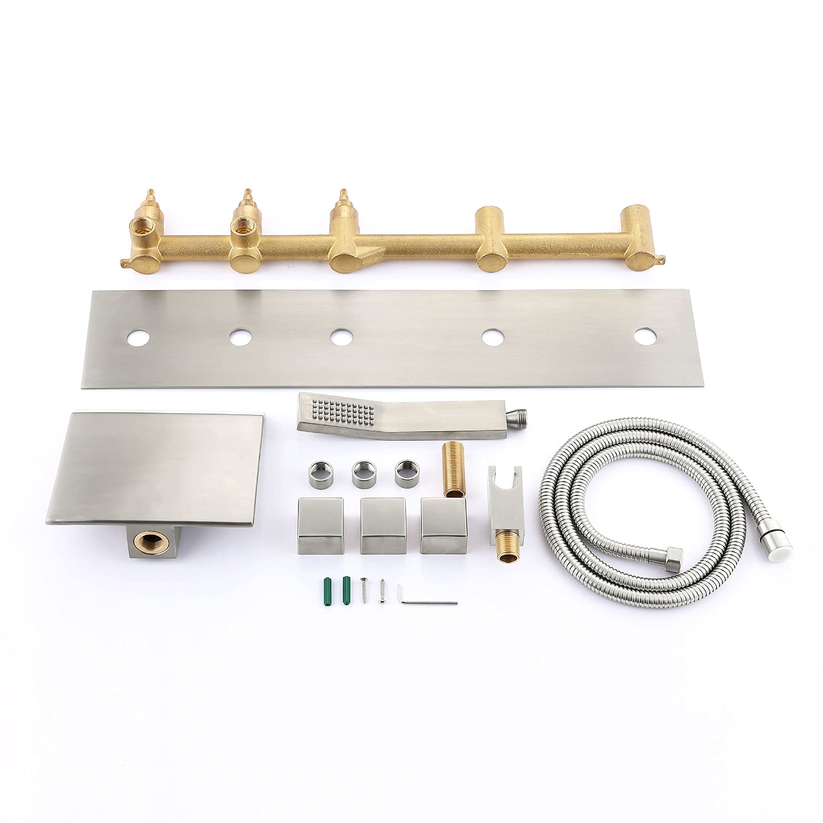 Grifo para bañera Grifo para bañera en cascada Grifo para baño de latón Pared con grifo para bañera con ducha de mano Grifo para bañera con 3 manijas y 5 orificios Válvula de cerámica Grifos para baño