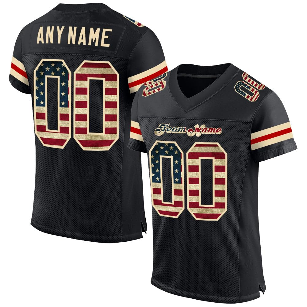 Generic Custom Men Women Youth Blank Football Jersey, Black and Vintage USA Flag, Athletic Sports Shirt Personalized Name Number
