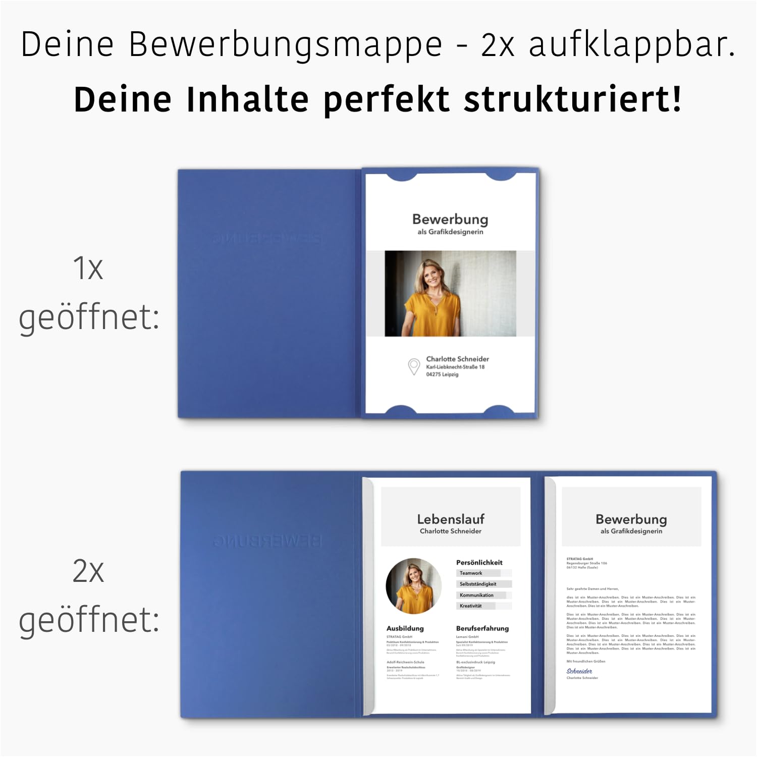 10 Stück 3-teilige Bewerbungsmappen Blau in feinster Lederstruktur - inkl. 10 Versandumschläge in Weiß - mit 2 Klemmschienen und hochwertiger Prägung ''BEWERBUNG'' - direkt vom Hersteller STRATAG