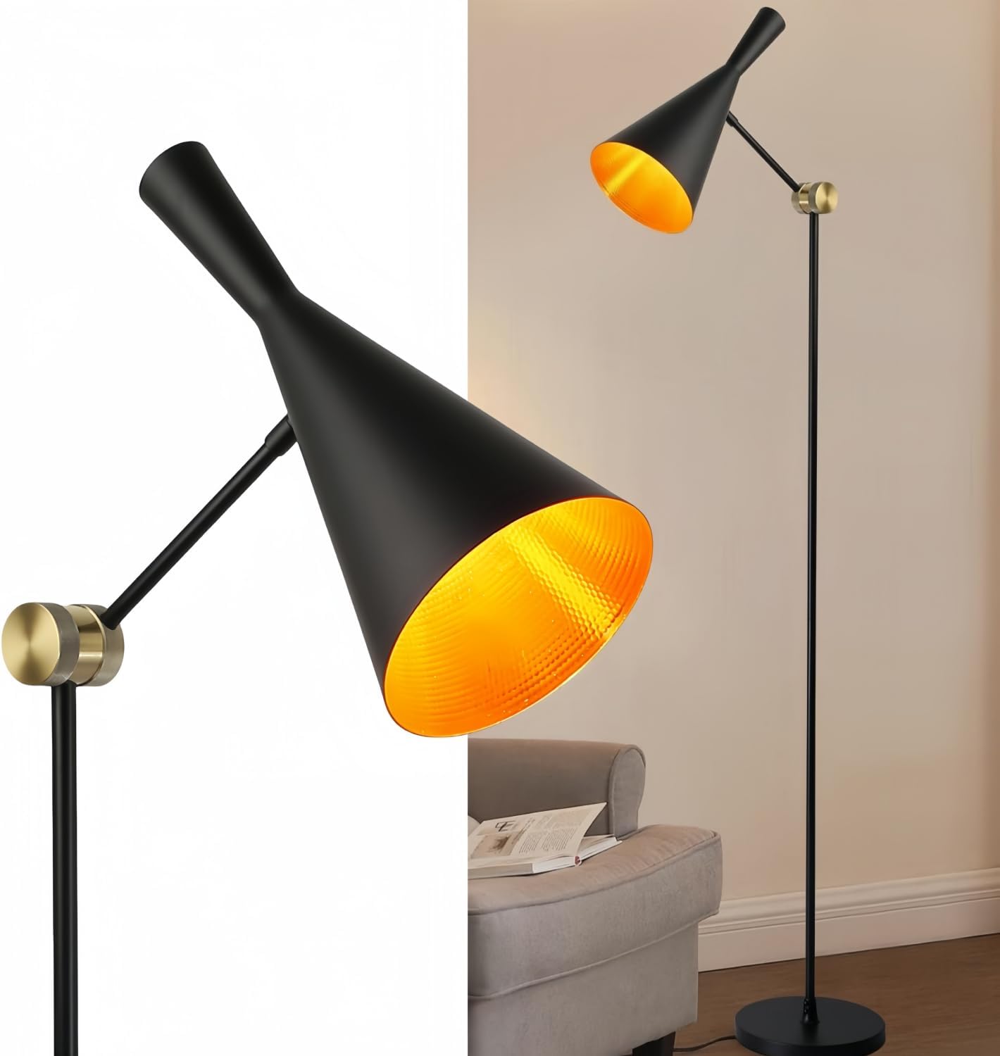 Modern Industrial Floor Lamp For Bedroom, 64'' Adjustable Gold Inner Shade Tall Floor Lamp For Office, Living Room, Skinny Corner Accent Reading Standing Lamp, Retro Farmhouse Mid-Century, Black