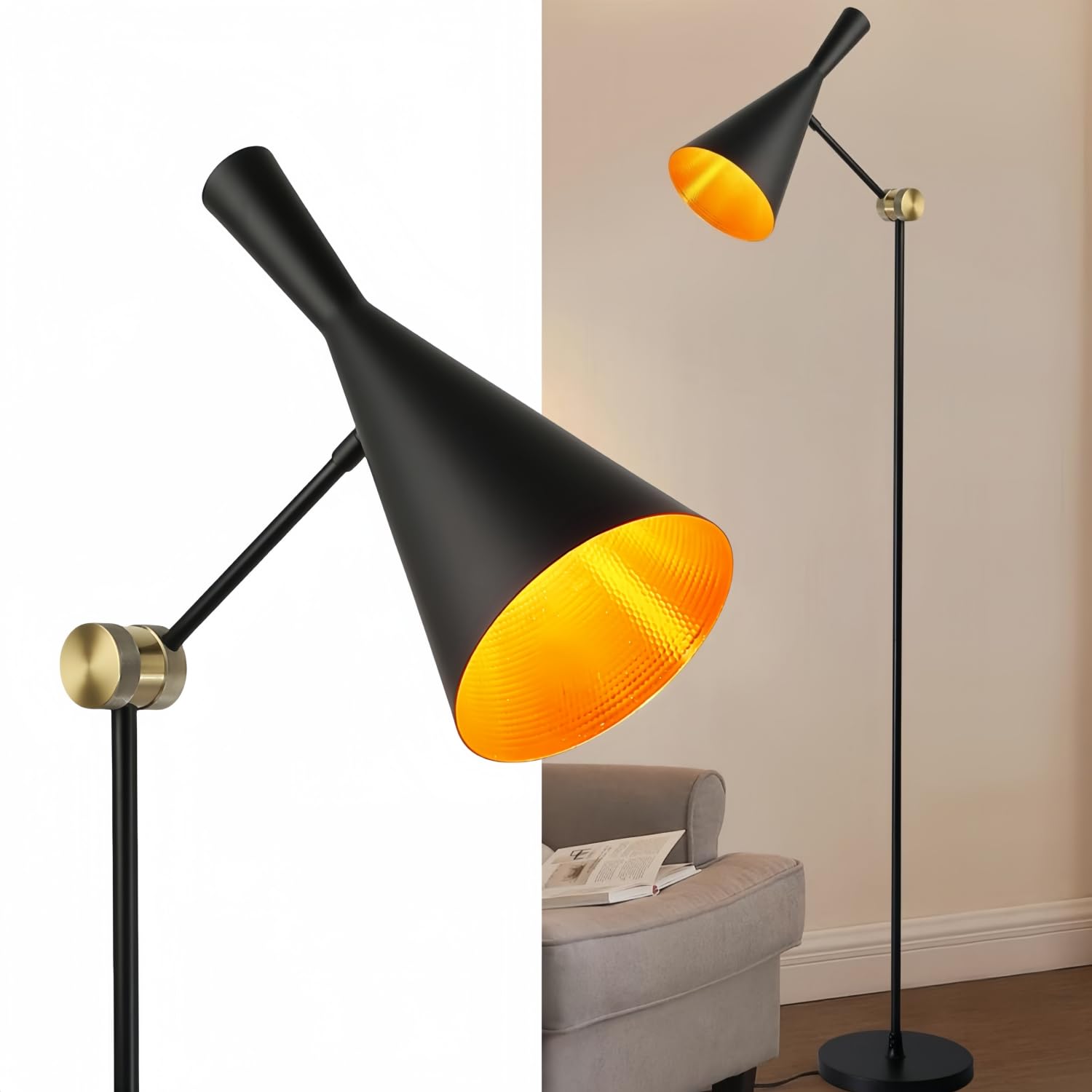 Modern Industrial Floor Lamp For Bedroom, 64'' Adjustable Gold Inner Shade Tall Floor Lamp For Office, Living Room, Skinny Corner Accent Reading