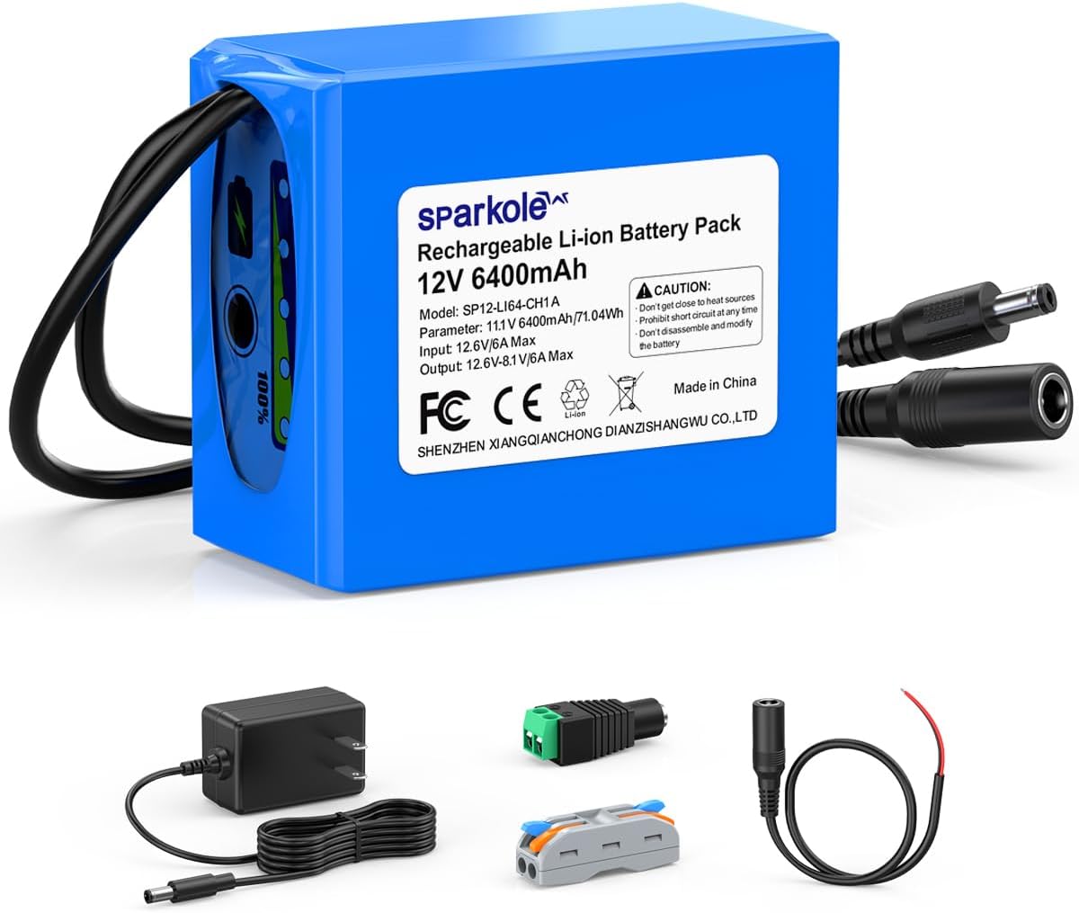 12V 6400mAh Rechargeable Lithium ion Battery with Charger, Bare Leads, 12v Battery Pack DC5521 Port for LED Strip, Router, Radio, CCTV Camera, DIY Project, Solar Panel, Telescopes etc