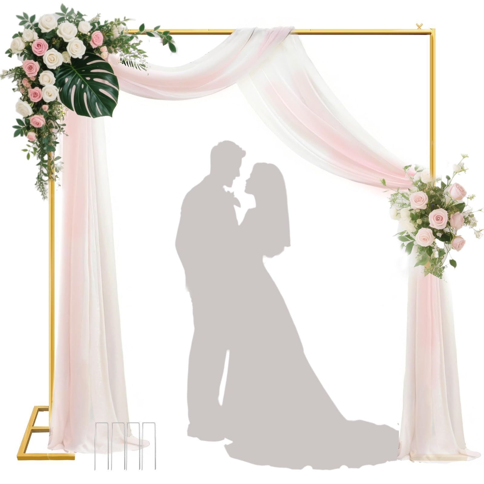 JEBUTU Backdrop Stand Heavy Duty with Base 8.2FT x 8.2FT, Gold Portable Adjustable Pipe and Drape Backdrop Stand Kit, Square Metal Arch Party Frame for Wedding Birthday Party Banquet Decorations