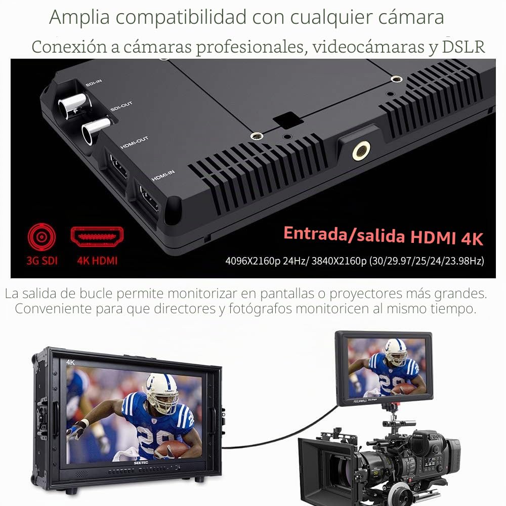 Feelworld FW279S 7 Pulgadas Ultra Brillante On Cámara Field Monitor de Campo DSLR Camera Full HD Focus Video Assist 1920x1200 IPS con 4K HDMI 3G SDI Input Output 2200nit Alto Brillo