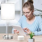 【Upgraded】Set of 2 Touch Control Table Lamps with 2 USB Ports & AC Outlet, 3-Way Dimmable Bedside Nightstand Lamps for Living Room Nursery Office Bedroom, E26 800 Lumens 5000K Daylight Bulbs Included