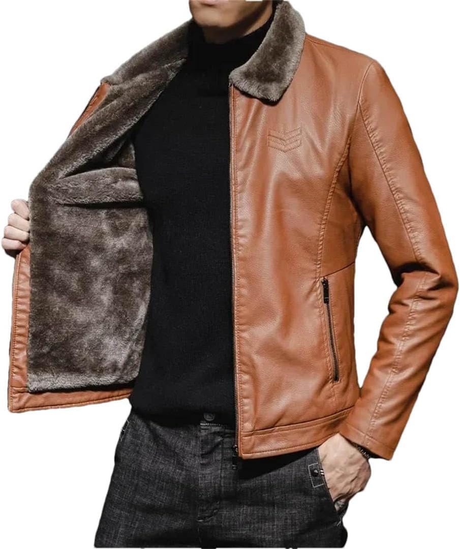 Men's Slim Jacket Faux Fur Collar Windproof Warm Coat Male Clothing Thick Leather Jacket Winter Autumn