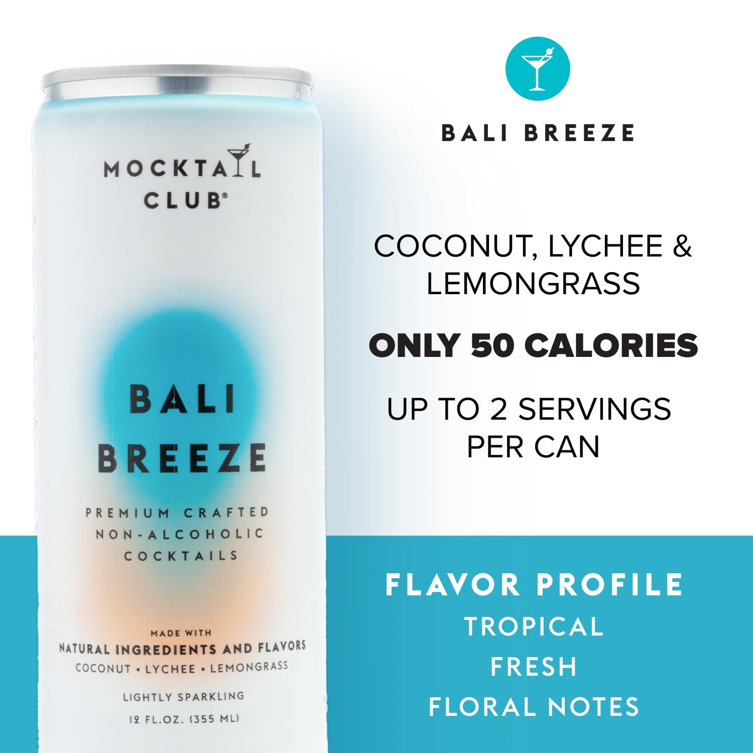Mocktail Club Bali Breeze Sparkling Non-Alcoholic Cocktail 12oz (12pk), 50 Cals, Gluten-Free, No Artificial Ingredients, Zero Proof – with Coconut, Lychee & Lemongrass