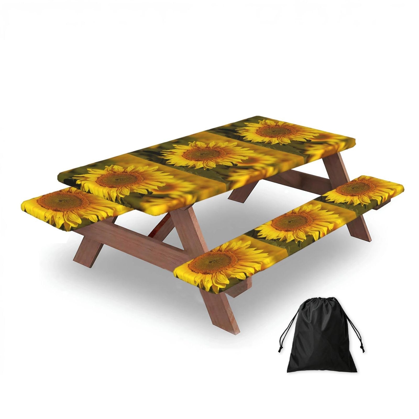 Dopklna As Picture Sunflower, Picnic Table Cover With Bench Covers -Waterproof Elastic Fitted Tablecloth For Garden Camping Patio 76X152cm