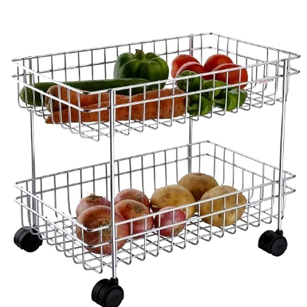Rasvesh Stainless Steel 2-Tier Basket with Wheels for Vegetable & Fruits, Jars Container Storage Rack Design Organizer Stand for Kitchen