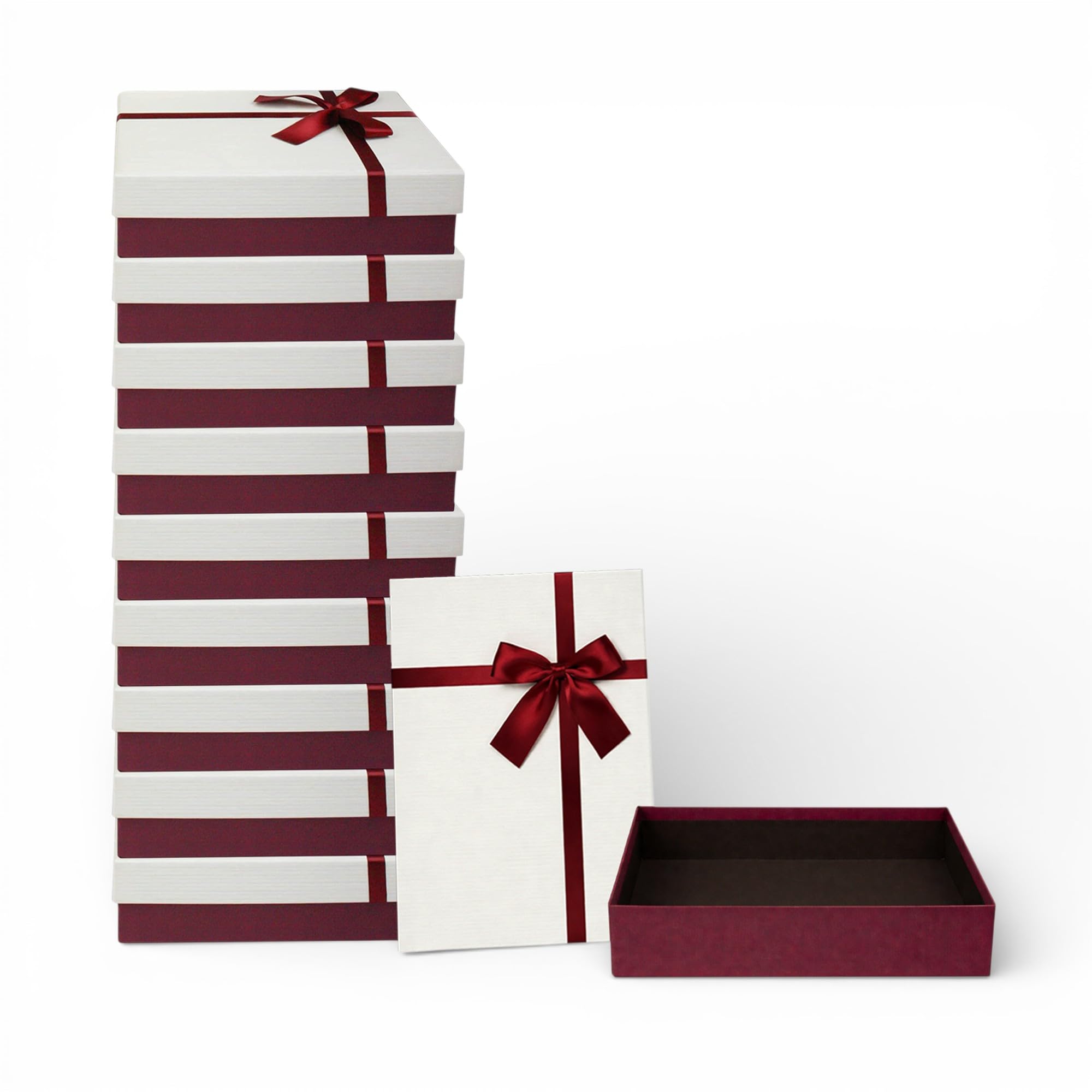 Emartbuy Pack of 10 Burgundy/Cream Rigid Gift Box with Ribbon โ 24.5 x 17 x 6.5 cm Luxury Cardboard Presentation Box | Premium Packaging for Hampers, Birthdays, Weddings, Corporate Gifting