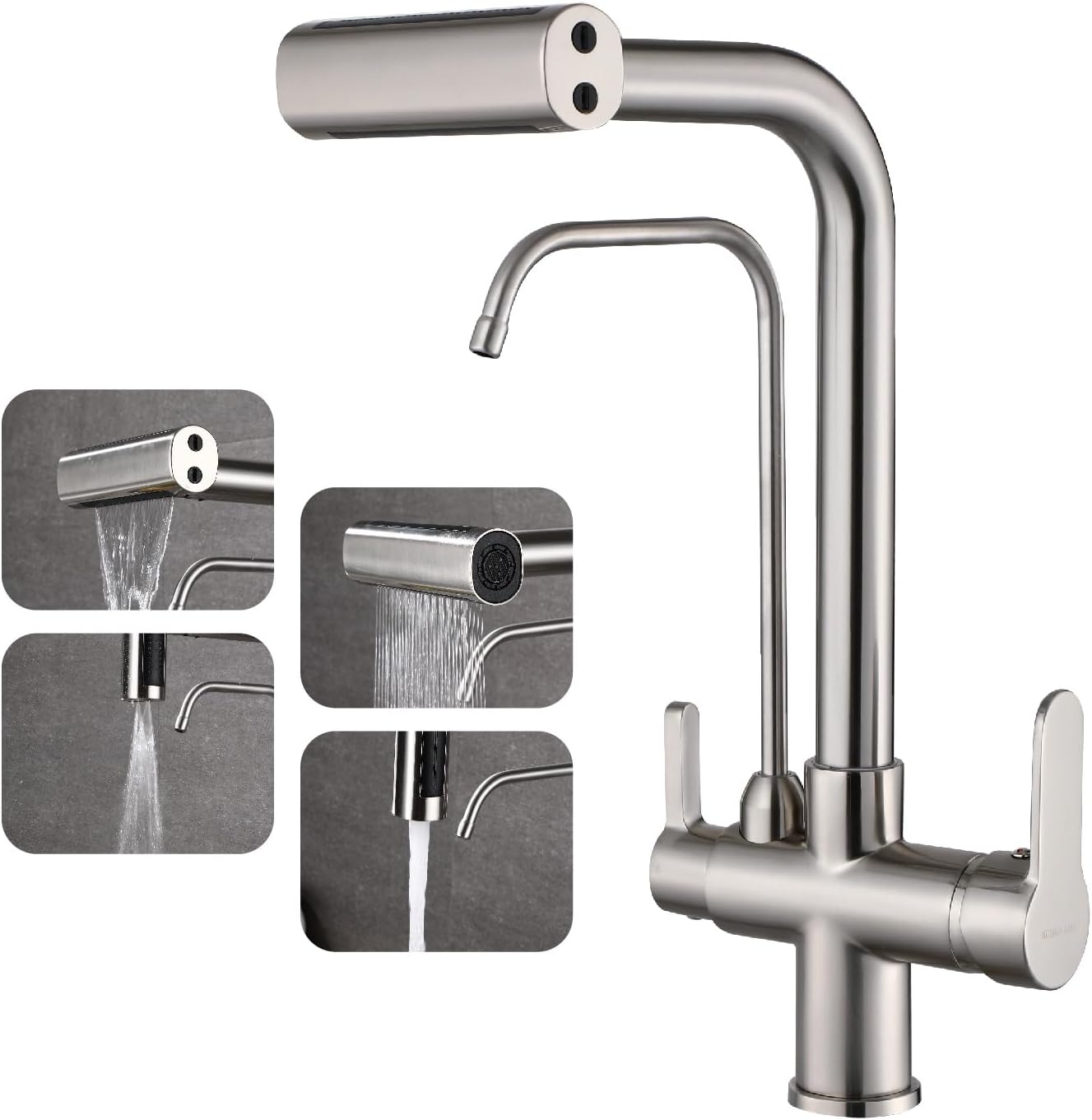 HUAHUALALA 3 in 1 Water Filter Purifier Kitchen Sink Faucet, Pull Down Sprayer 2 Handle with Brass Drinking Water Faucet, Four Function Sprayer, Brushed Nickel