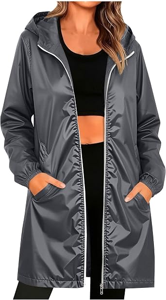 Rain Coats for Women Lightweight Packable Windbreaker Jackets Zip Up Waterproof Travel Coats Long Hooded Rain Jacket