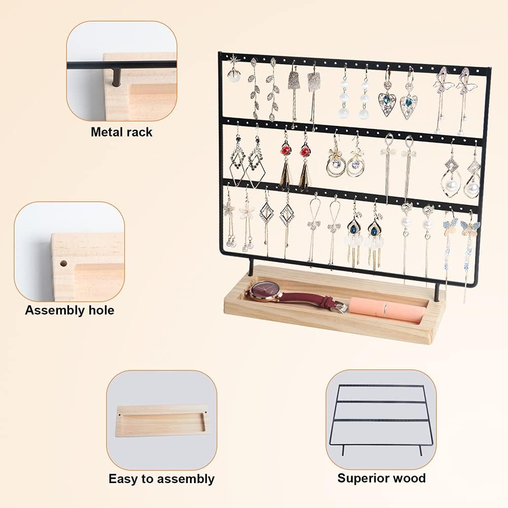 Earring Organizer 3-Tier 75 Holes Jewelry Organizer Display Stand,Metal Earring Holder with Wood Basic stand,Necklace holder Storage Tray for Ring,Earrings,Ear Stud,Bracelets(Black) image 3