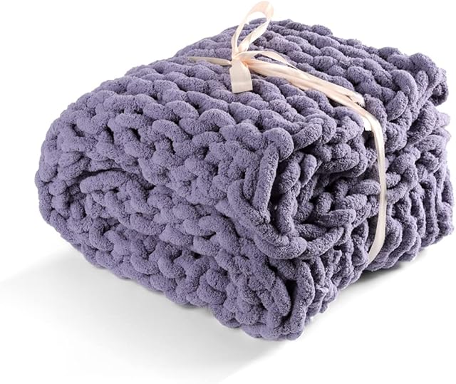Queenshin Luxury Chenille Chunky Knitted Throw,Christmas 1000 GMS Large Cable Knit Soft Fluffy Blanket for Sofa Couch Bed 130 * 150 CM, Grey