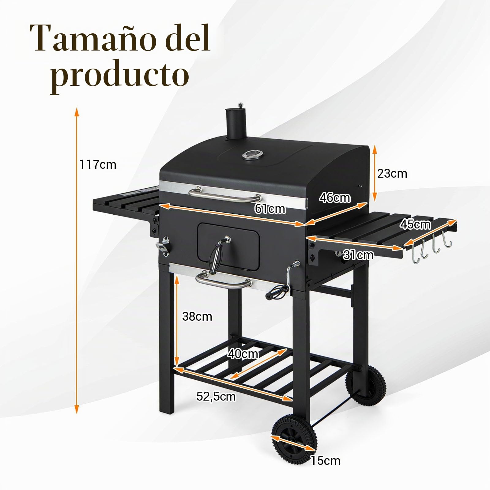 GOPLUS Barbacoa de carbón con tapa, carro de barbacoa con 2 ruedas con 2 mesas laterales plegables, 8 ganchos, termómetro y abrebotellas, parrilla BBQ para picnic, fiesta, camping, jardín y terraza