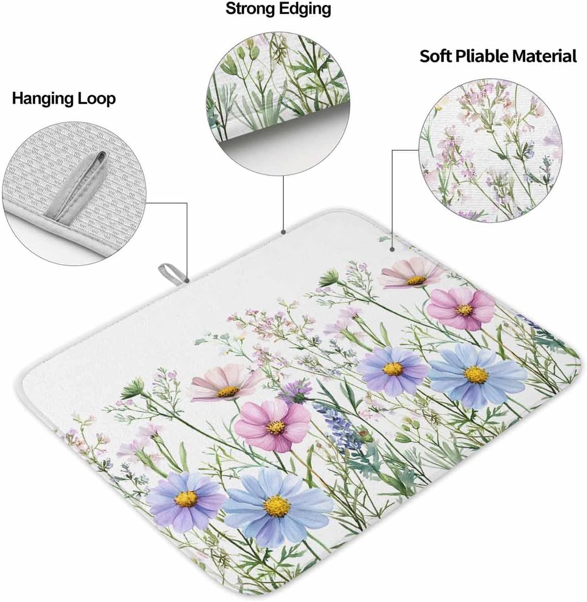 Dish Drying Mat for Kitchen, Spring Pink Blue Daisies Wildflowers Plants Absorbent Dish Drying Pad, Kitchen Counter Mat for Dishes Utensils Camping, 18"x24"(2 Pcs)
