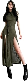 Women's Gothic Desert Walker Hooded Sleeveless Dress Y2K Punk Side Split Hollow Out Midi Dress Party Club Streetwear