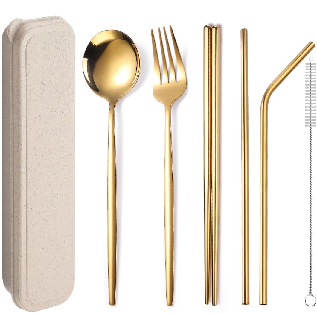 Flatware Silverware Set, Stainless Steel Portable Cutlery Set Portuguese Chopsticks Straw Outdoor Camping Fork Spoon, Tableware Cutlery Set(Gold,6Set)
