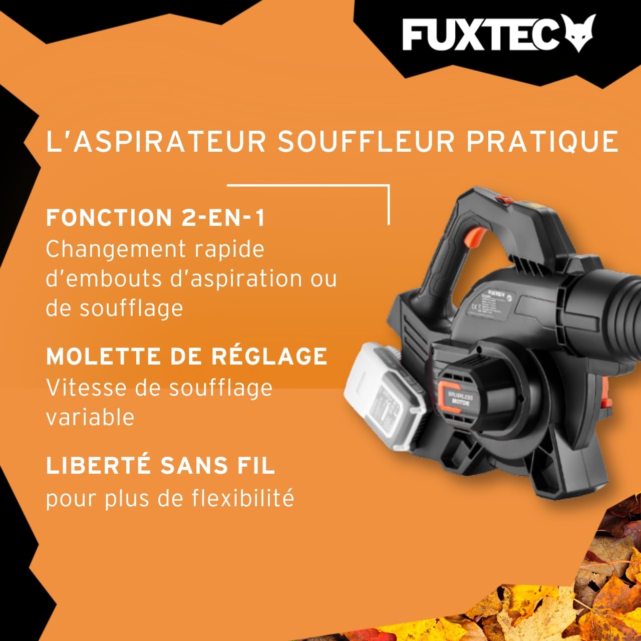 Souffleur de Feuilles sans Fil FUXTEC • FX-E1LB20 • Batterie et Chargeur Non Inclus • Compatible Batterie 20V E1 • Jusqu'à 38 m/s • Vitesse réglable • Léger 2 kg
