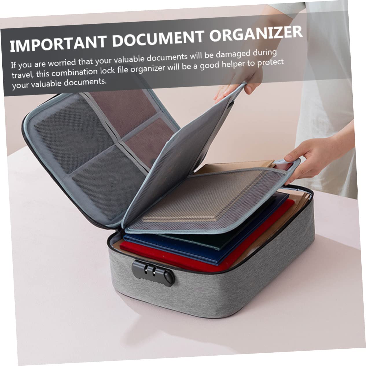 Scatola Portadocumenti Serratura a Combinazione, Borsa Portadocumenti Multistrato Grigia, Organizer per Archiviazione Casa e Ufficio, Portatile e Sicura per Viaggi e Documenti