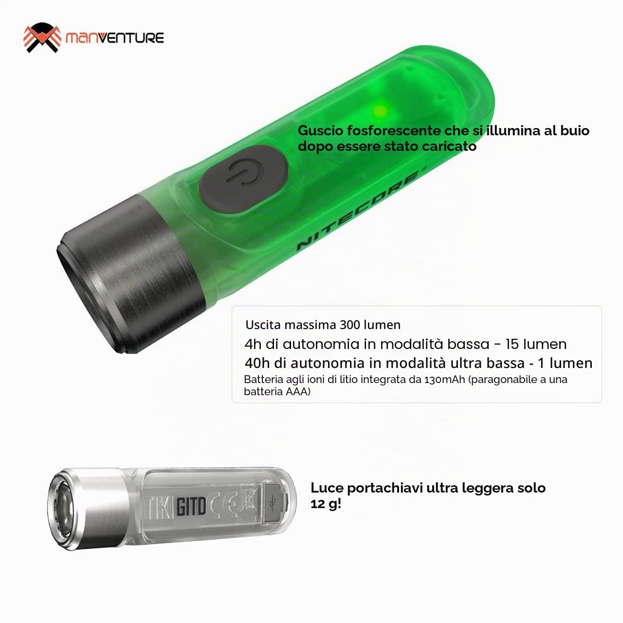 Nitecore TIKI GITD | Mini Torcia LED 300 Lumen | Mini Torcia Led Ricaricabile Fosforescente | Torcia Portachiavi Impermeabile