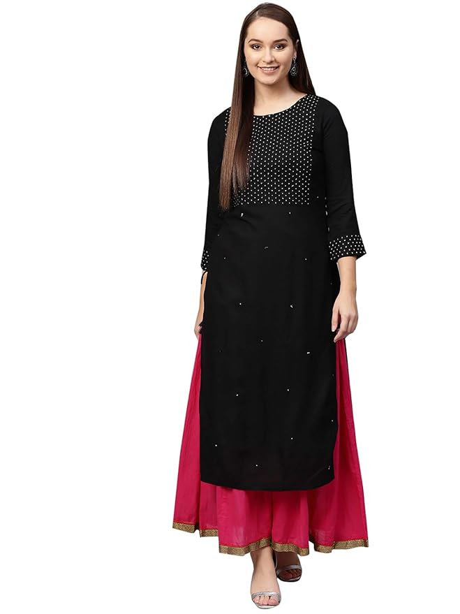 ishin Womens Viscose Rayon Black Embroidered A-Line Kurta at Rs. 719