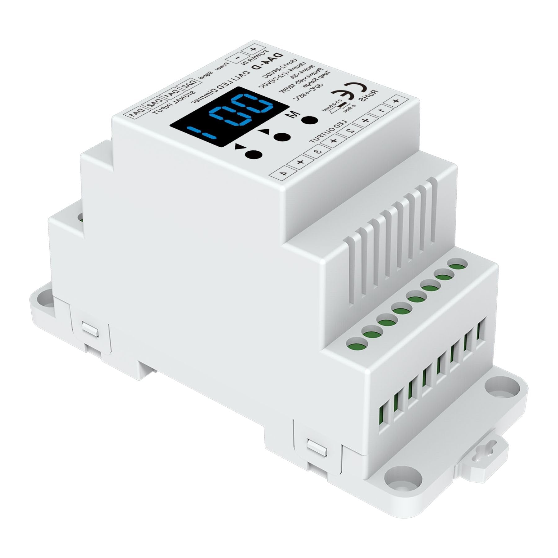 Ściemniacz LED DALI 4-kanałowy szyna DIN, z cyfrowym wyświetlaczem, możliwość ściemniania AC Push Dim, DALI-2, PWM, 4 adresy, DT6 DT8 do taśm LED CCT RGB RGBW, 4X5A @12V/24V, 4X3A@36V/48V