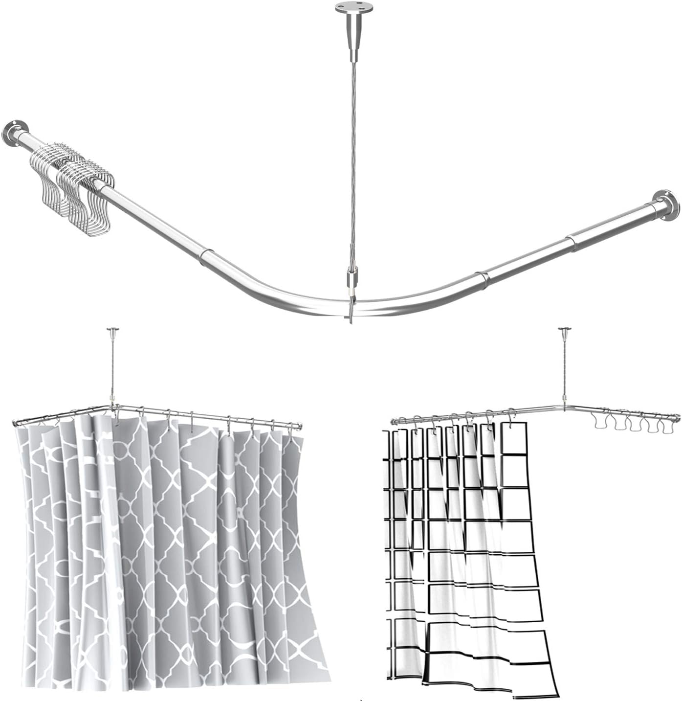 Stretchable Corner Shower Curtain Rod - Easy Assemble 304 Stainless L Shaped 24-32" x 32-48" with Ceiling Support,for Bathroom Bathtub, Clothing Store,Private Space（Free Curtain Hook ）