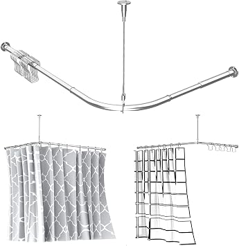 Stretchable Corner Shower Curtain Rod - Easy Assemble 304 Stainless L Shaped 32-51" x 40-67" with Ceiling Support,for Bathroom Bathtub, Clothing Store,Private SpaceFree Curtain Hook
