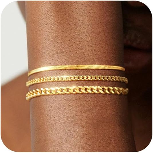 Bracelet for Women - Dainty Stack Bracelets Trendy Adjustable 14K Gold Plated Thin Paperclip Bead Box Satellite Figaro Cuban Link Chain Bracelet Set for Women Waterproof Jewelry Gift