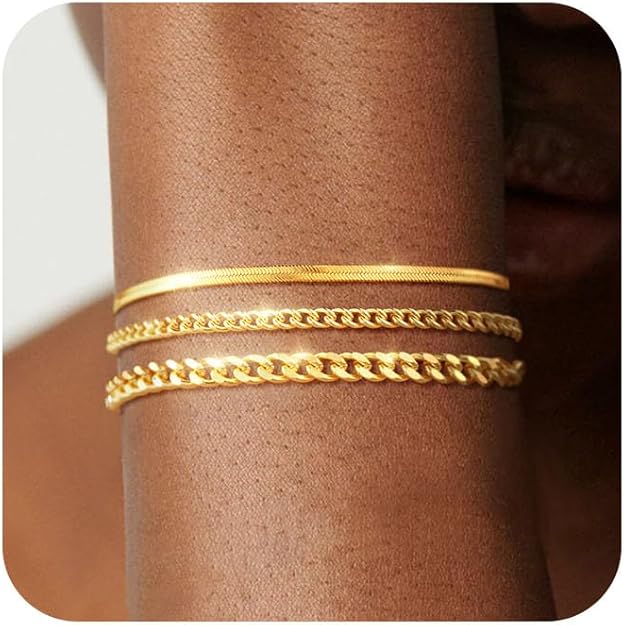 Bracelet for Women - Dainty Stack Bracelets Trendy Adjustable 14K Gold Plated Thin Paperclip Bead Box Satellite Figaro Cuban Link Chain Bracelet Set for Women Waterproof Jewelry Gift