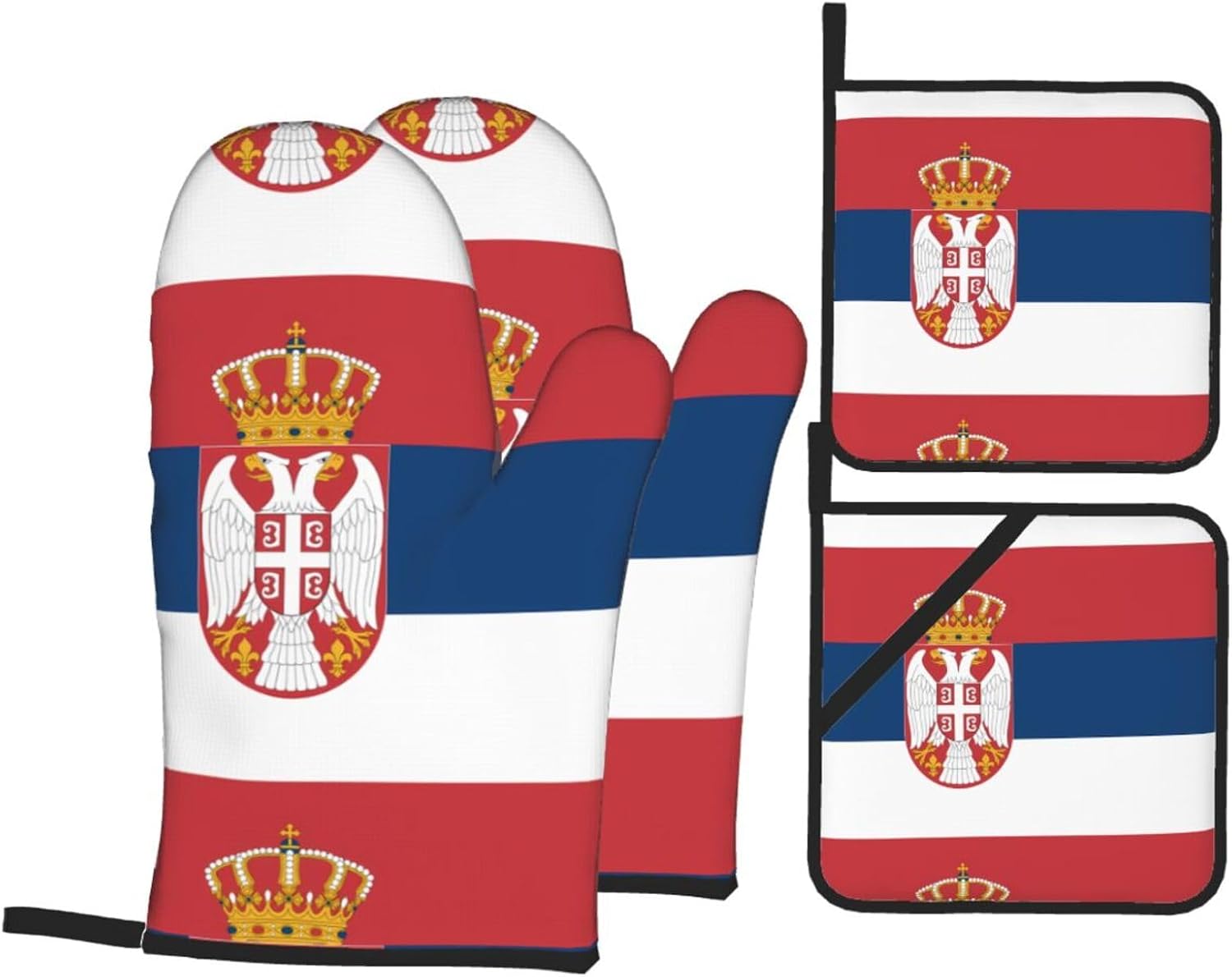 Flag of Serbia Prints Kitchen Covers: Waterproof Oven Layers for Safe Cooking & Easy Cleanup - 4 Piece Heat Protection Set