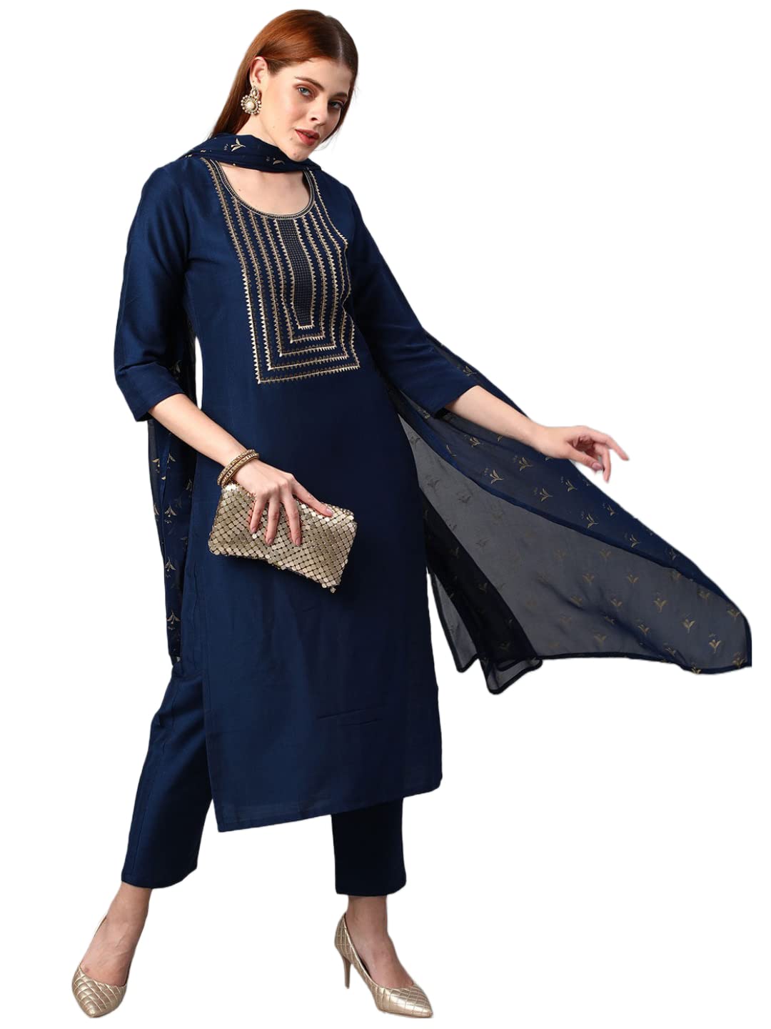 GoSriKi Dames Rayon Blend geborduurde rechte Kurta met broek en Dupatta GoSriKi Dames Rayon Blend geborduurde rechte Kurta met broek en Dupatta