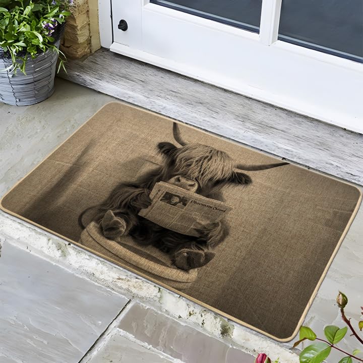 Highland Cow Doormat, Rustic Animal Door Mat for Outdoor & Indoor Entrance Farmhouse Decor, Rubber Waterproof Non-Slip Dust Absorbent Front Doormat, Easy Clean 29x17 Inch