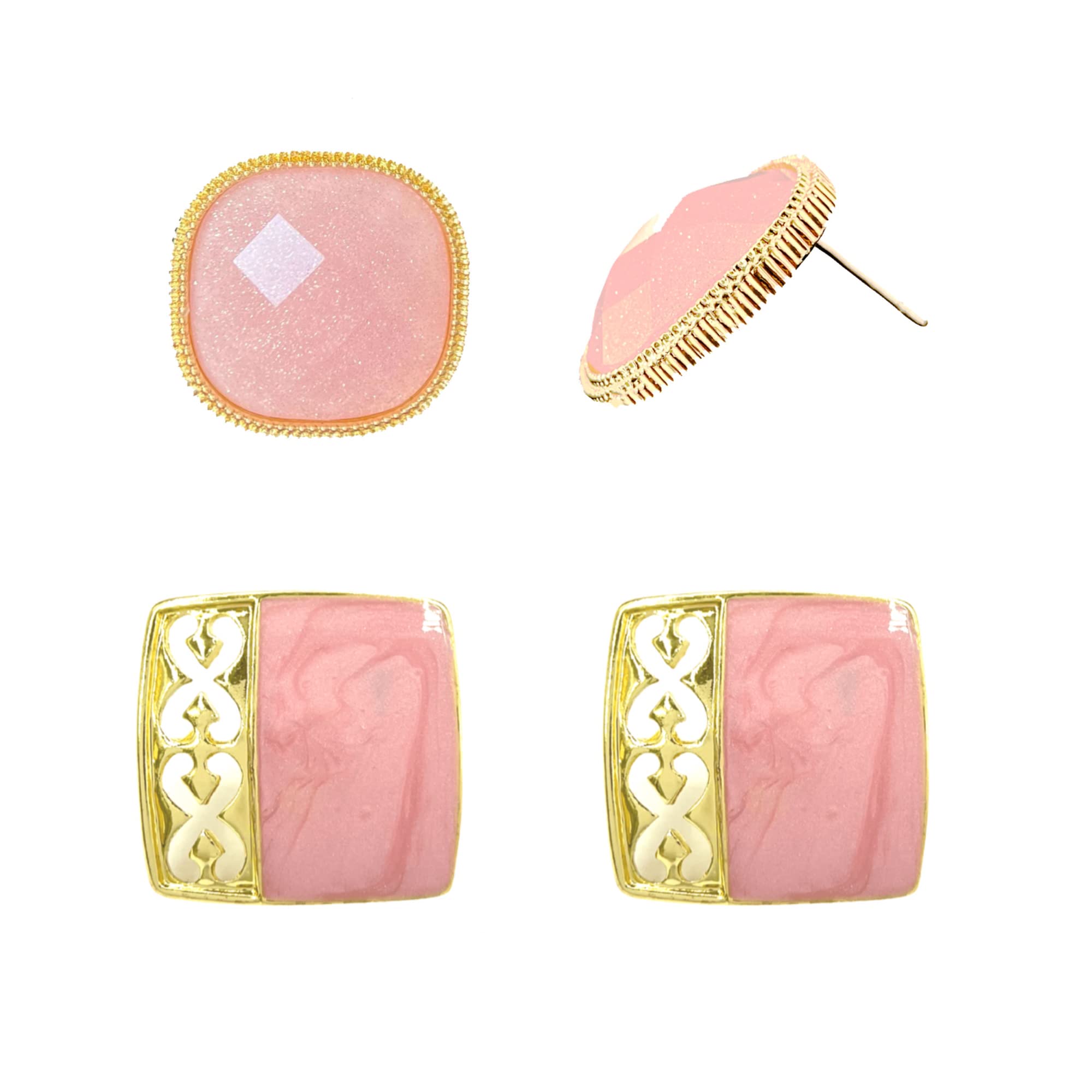 HEYSUNZO Elegant Square Pink Gilt-edged Stud Earrings, Hypoallergenic, Zinc, No Gemstone